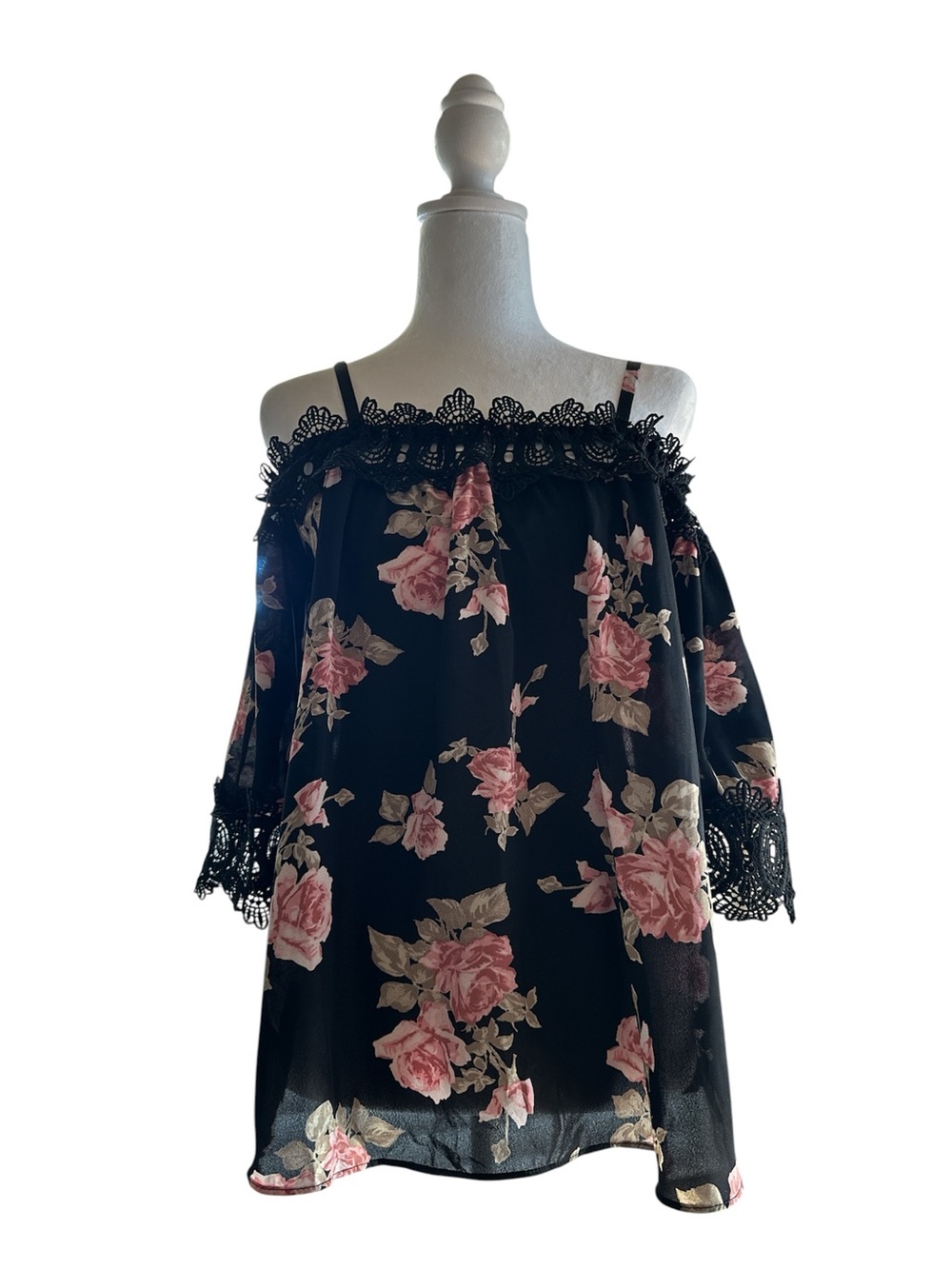 Iz Byer Black Floral Off-Shoulder Tunic with Pink Roses